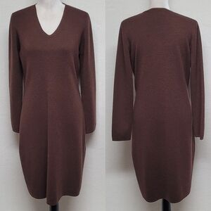 Vintage Valerie Stevens Chocolate Brown Wool Knit V-neck Long Sleeve Midi Dress